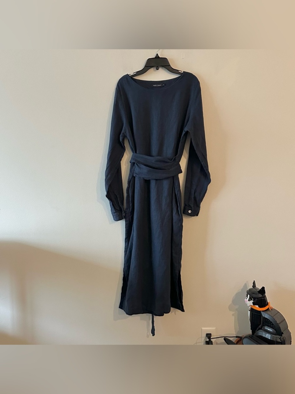 Niche Linen Audrey Navy Blue Maxi Dress M Waist Tie Handmade Boho Cottagecore